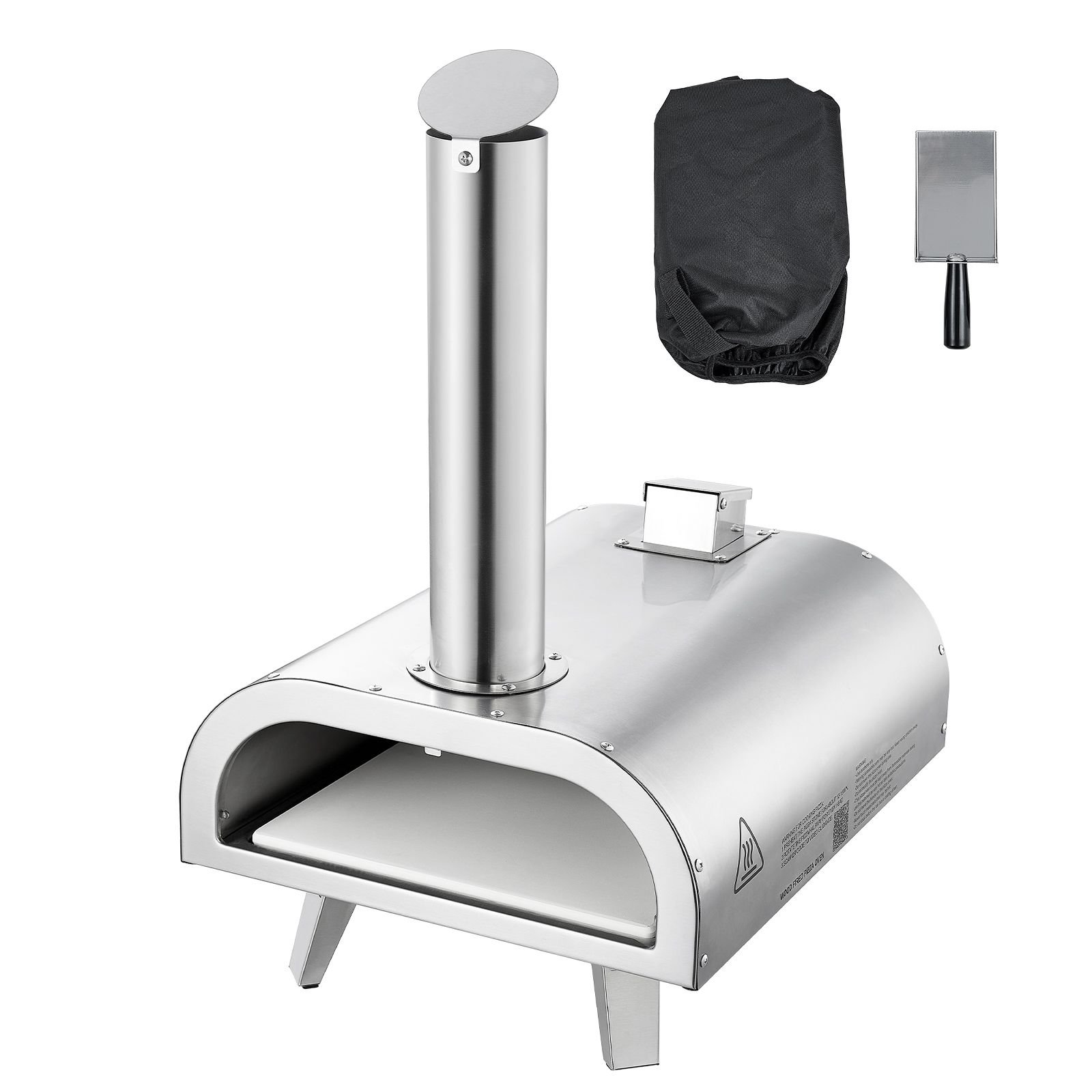 pizza oven outdoor, 12" pellet pizza oven, portable pizza stove with built in thermometer, wood fired stainless steel pizza maker, for backyard, camping, pizza stone, shovel, carry bag, silver