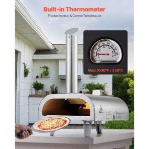 pizza oven outdoor, 12" pellet pizza oven, portable pizza stove with built in thermometer, wood fired stainless steel pizza maker, for backyard, camping, pizza stone, shovel, carry bag, silver
