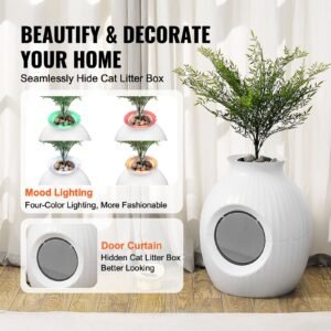 plant cat litter box, smart odor control system, hidden cat litter box with 9.48 in large entrance, lighting decoration & sturdy abs material, fit for living room/corner/outdoor pool/patio