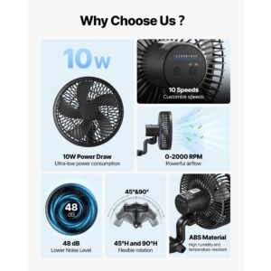 plant fan, grow tent clip on fan rechargeable, usb port with 9 speeds & circulation mode, smart control, powerful oscillating, long runtime for hydroponics circulation cooling, black, 2 pack