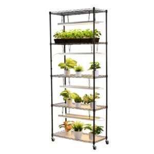 plant shelf with grow light, 5 tier indoor plant stand, 71 in tall plants display rack with wheels & 4/9/14h timer, 80w t5 led full spectrum grow lights, flower pot holder for seed starting