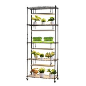 plant shelf with grow light, 5 tier indoor plant stand, 71 in tall plants display rack with wheels & 4/9/14h timer, 80w t5 led full spectrum grow lights, flower pot holder for seed starting