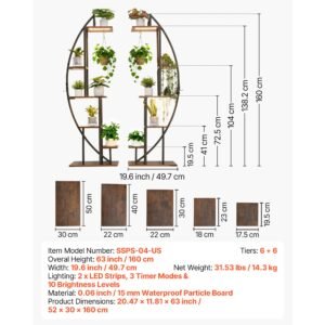 plant stand indoor with grow lights, 63 in tall 6 tiered lighted plant shelf, 2 pack metal corner plants holder, 3 timer & 10 brightness, half moon shaped flower display rack for living room