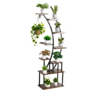 plant stand indoor with grow lights, 63 in tall 9 tier lighted plant shelf, metal corner plants holder, 3 timer & 10 brightness, curve shaped flower display rack for living room balcony decor
