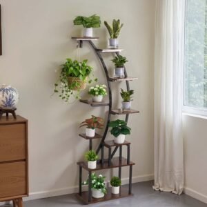 plant stand indoor with grow lights, 63 in tall 9 tier lighted plant shelf, metal corner plants holder, 3 timer & 10 brightness, curve shaped flower display rack for living room balcony decor