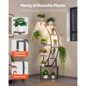 plant stand indoor with grow lights, 63 in tall 9 tier lighted plant shelf, metal corner plants holder, 3 timer & 10 brightness, curve shaped flower display rack for living room balcony decor