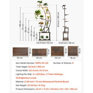 plant stand indoor with grow lights, 63 in tall 9 tier lighted plant shelf, metal corner plants holder, 3 timer & 10 brightness, curve shaped flower display rack for living room balcony decor