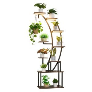 plant stand indoor with grow lights, 63 in tall 9 tier lighted plant shelf, metal corner plants holder, 3 timer & 10 brightness, curve shaped flower display rack for living room balcony decor