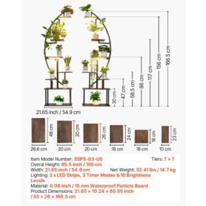 plant stand indoor with grow lights, 65.5 in tall 7 tiered lighted plant shelf, 2 pack metal corner plants holder, 3 timer & 10 brightness, half moon shaped flower display rack for living room