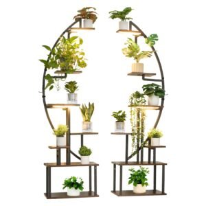 plant stand indoor with grow lights, 65.5 in tall 7 tiered lighted plant shelf, 2 pack metal corner plants holder, 3 timer & 10 brightness, half moon shaped flower display rack for living room