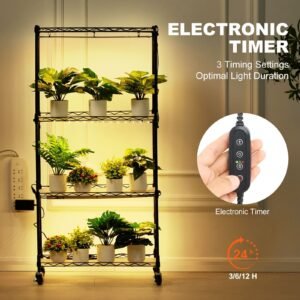 plant stand with grow light, 4 tier plant shelf with 45w full spectrum grow light, 3 mode plant light with timer and wheel for seed starting, metal grow light shelf for indoor plants
