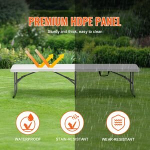 plastic folding bench, 6 ft portable bench for indoor/outdoor picnic party patio camping dining, foldable smooth hdpe seat for garden soccer multipurpose entertaining activities, 1 pack, white