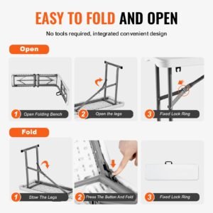 plastic folding bench, 6 ft portable bench for indoor/outdoor picnic party patio camping dining, foldable smooth hdpe seat for garden soccer multipurpose entertaining activities, 1 pack, white