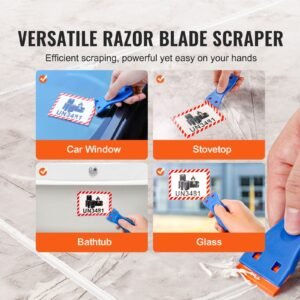 plastic razor blade scraper, 2pcs scraper tool, 120pcs plastic blades, cleaning scraper remover for stickers, decals, adhesive, labels, paint from glass, car, window, caulk, no scratches, blue
