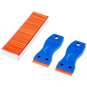 plastic razor blade scraper, 2pcs scraper tool, 120pcs plastic blades, cleaning scraper remover for stickers, decals, adhesive, labels, paint from glass, car, window, caulk, no scratches, blue