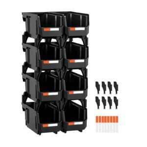 Plastic Stackable Storage Bins, 10.9 x 5.5 x 5.1 inch (8 Pack), Plastic Containers for Organizing and Storage Bins for Closet, Garage, Small Parts, Office Supplies and Other Accessories, Black