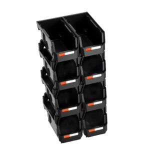 plastic stackable storage bins, 10.9 x 5.5 x 5.1 inch (8 pack), plastic containers for organizing and storage bins for closet, garage, small parts, office supplies and other accessories, black