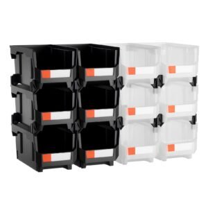 plastic stackable storage bins, 14.8 x 8.5 x 7.1 inch (12 pack), plastic containers for organizing & storage bins for garage, small parts, office supplies, other accessories, black & transparent