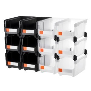 plastic stackable storage bins, 14.8 x 8.5 x 7.1 inch (12 pack), plastic containers for organizing & storage bins for garage, small parts, office supplies, other accessories, black & transparent