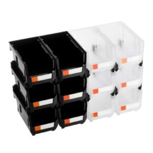 plastic stackable storage bins, 14.8 x 8.5 x 7.1 inch (12 pack), plastic containers for organizing & storage bins for garage, small parts, office supplies, other accessories, black & transparent