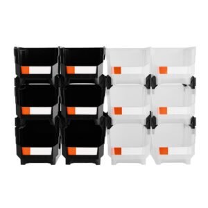 plastic stackable storage bins, 14.8 x 8.5 x 7.1 inch (12 pack), plastic containers for organizing & storage bins for garage, small parts, office supplies, other accessories, black & transparent
