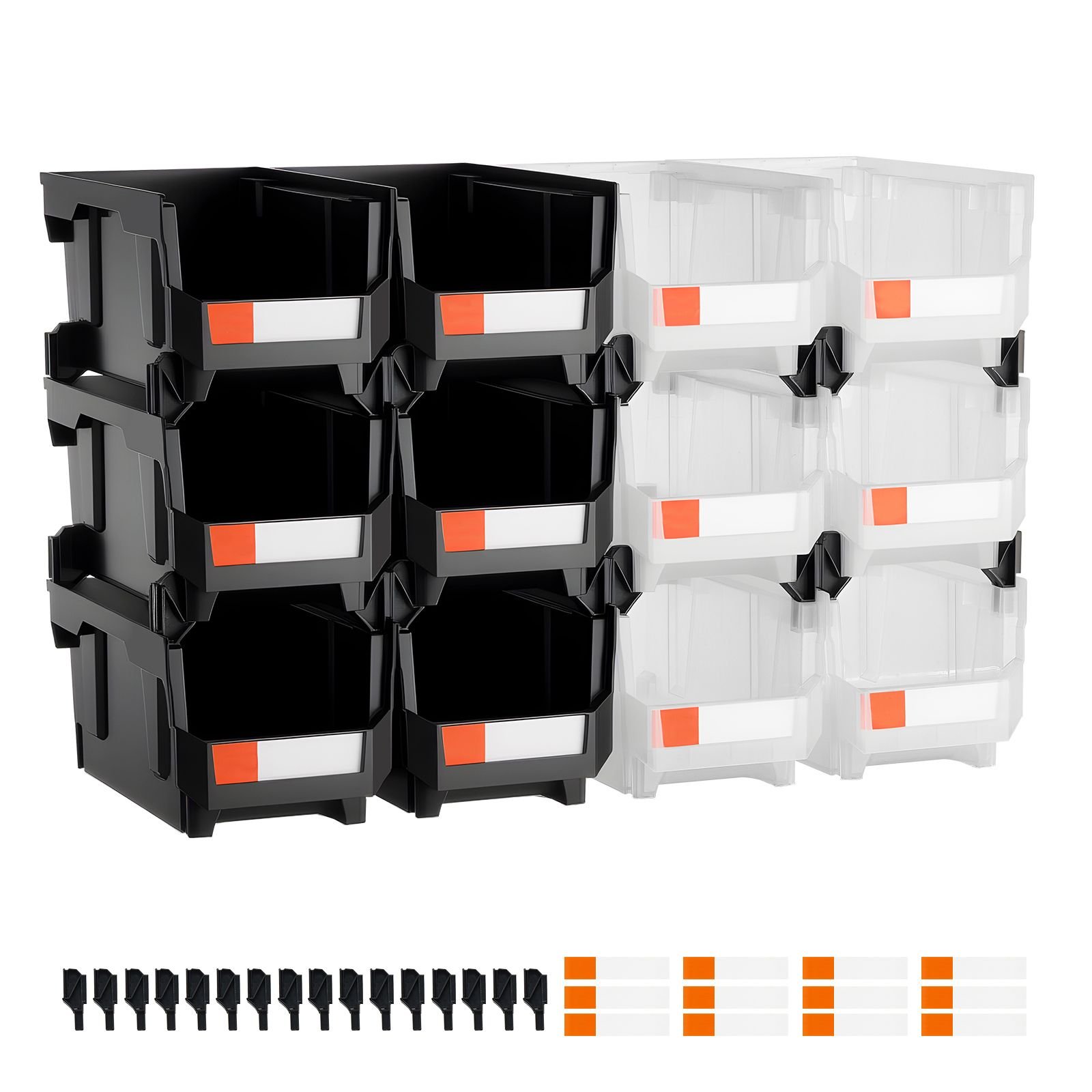 plastic stackable storage bins, 14.8 x 8.5 x 7.1 inch (12 pack), plastic containers for organizing & storage bins for garage, small parts, office supplies, other accessories, black & transparent