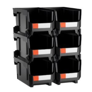 plastic stackable storage bins, 14.8 x 8.5 x 7.1 inch (6 pack), plastic containers for organizing and storage bins for closet, garage, small parts, office supplies and other accessories, black