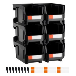 Plastic Stackable Storage Bins, 14.8 x 8.5 x 7.1 inch (6 Pack), Plastic Containers for Organizing and Storage Bins for Closet, Garage, Small Parts, Office Supplies and Other Accessories, Black