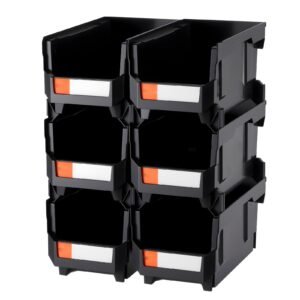 plastic stackable storage bins, 14.8 x 8.5 x 7.1 inch (6 pack), plastic containers for organizing and storage bins for closet, garage, small parts, office supplies and other accessories, black