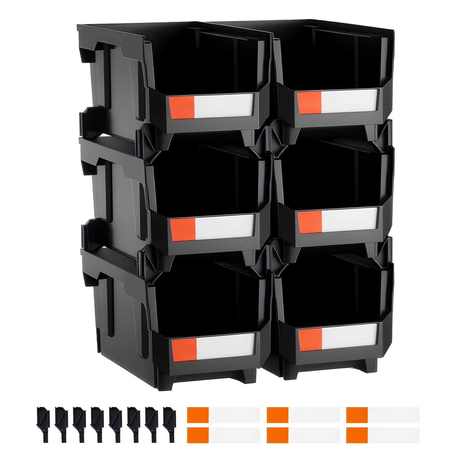 plastic stackable storage bins, 14.8 x 8.5 x 7.1 inch (6 pack), plastic containers for organizing and storage bins for closet, garage, small parts, office supplies and other accessories, black