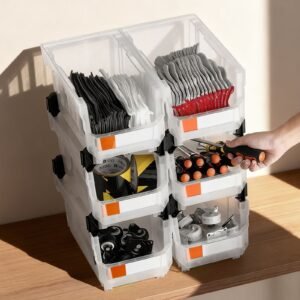plastic stackable storage bins, 14.8 x 8.5 x 7.1 inch (6 pack), plastic containers for organizing & storage bins for closet, garage, small parts, office supplies, other accessories, transparent