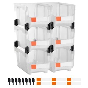 Plastic Stackable Storage Bins, 14.8 x 8.5 x 7.1 inch (6 Pack), Plastic Containers for Organizing & Storage Bins for Closet, Garage, Small Parts, Office Supplies, Other Accessories, Transparent