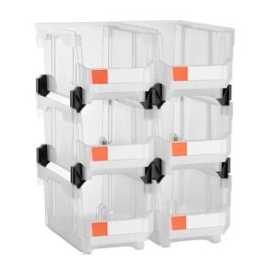 plastic stackable storage bins, 14.8 x 8.5 x 7.1 inch (6 pack), plastic containers for organizing & storage bins for closet, garage, small parts, office supplies, other accessories, transparent
