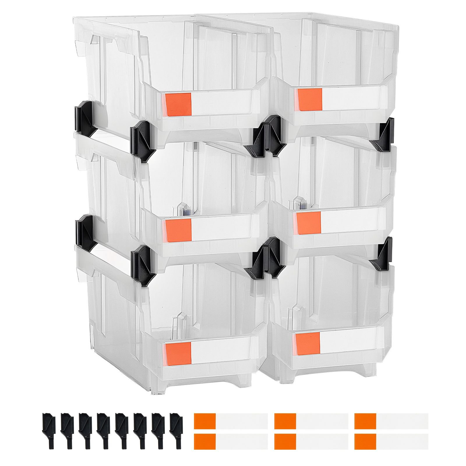 plastic stackable storage bins, 14.8 x 8.5 x 7.1 inch (6 pack), plastic containers for organizing & storage bins for closet, garage, small parts, office supplies, other accessories, transparent
