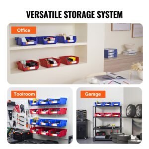 plastic storage bin, (11 inch x 11 inch x 5 inch), hanging stackable storage organizer bin, blue/red, 6 pack, heavy duty stacking containers for closet, kitchen, office, or pantry organization
