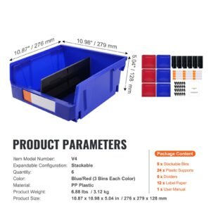 plastic storage bin, (11 inch x 11 inch x 5 inch), hanging stackable storage organizer bin, blue/red, 6 pack, heavy duty stacking containers for closet, kitchen, office, or pantry organization