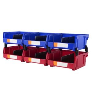 plastic storage bin, (11 inch x 11 inch x 5 inch), hanging stackable storage organizer bin, blue/red, 6 pack, heavy duty stacking containers for closet, kitchen, office, or pantry organization