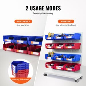 plastic storage bin, (11 inch x 11 inch x 5 inch), hanging stackable storage organizer bin, blue/red, 6 pack, heavy duty stacking containers for closet, kitchen, office, or pantry organization