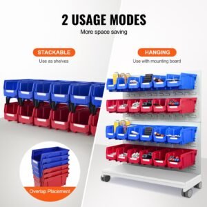plastic storage bin, (11 inch x 5 inch x 5 inch), hanging stackable storage organizer bin, blue/red, 12 pack, heavy duty stacking containers for closet, kitchen, office, or pantry organization