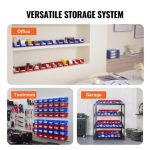 plastic storage bin, (5 inch x 4 inch x 3 inch), hanging stackable storage organizer bin, blue/red, 24 pack, heavy duty stacking containers for closet, kitchen, office, or pantry organization