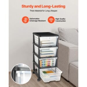 plastic storage drawers cart, 4 drawers storage organizer with wheels, rolling closet organization and storage dividers, dresser organizer clear bins for office supplies, craft rooms, classrooms