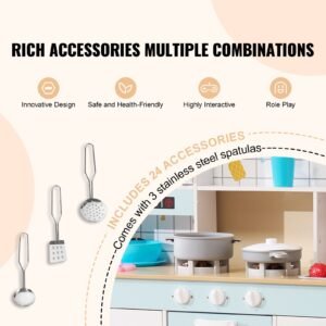play kitchen for kids, wooden toy kitchen set with lights and sounds, toddler kitchen with ice maker, oven, sink, microwaves, fridge and utensil and fruit accessory for toddlers ages 3 8, white