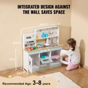play kitchen for kids, wooden toy kitchen set with lights and sounds, toddler kitchen with ice maker, oven, sink, microwaves, fridge and utensil and fruit accessory for toddlers ages 3 8, white