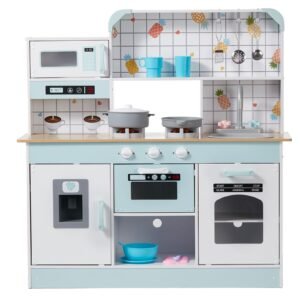 Play Kitchen for Kids, Wooden Toy Kitchen Set with Lights and Sounds, Toddler Kitchen with Ice Maker, Oven, Sink, Microwaves, Fridge and Utensil and Fruit Accessory for Toddlers ages 3-8, White
