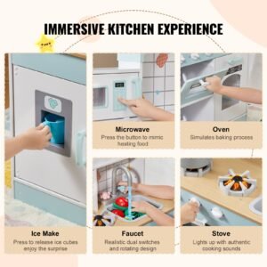 play kitchen for kids, wooden toy kitchen set with lights and sounds, toddler kitchen with ice maker, oven, sink, microwaves, fridge and utensil and fruit accessory for toddlers ages 3 8, white