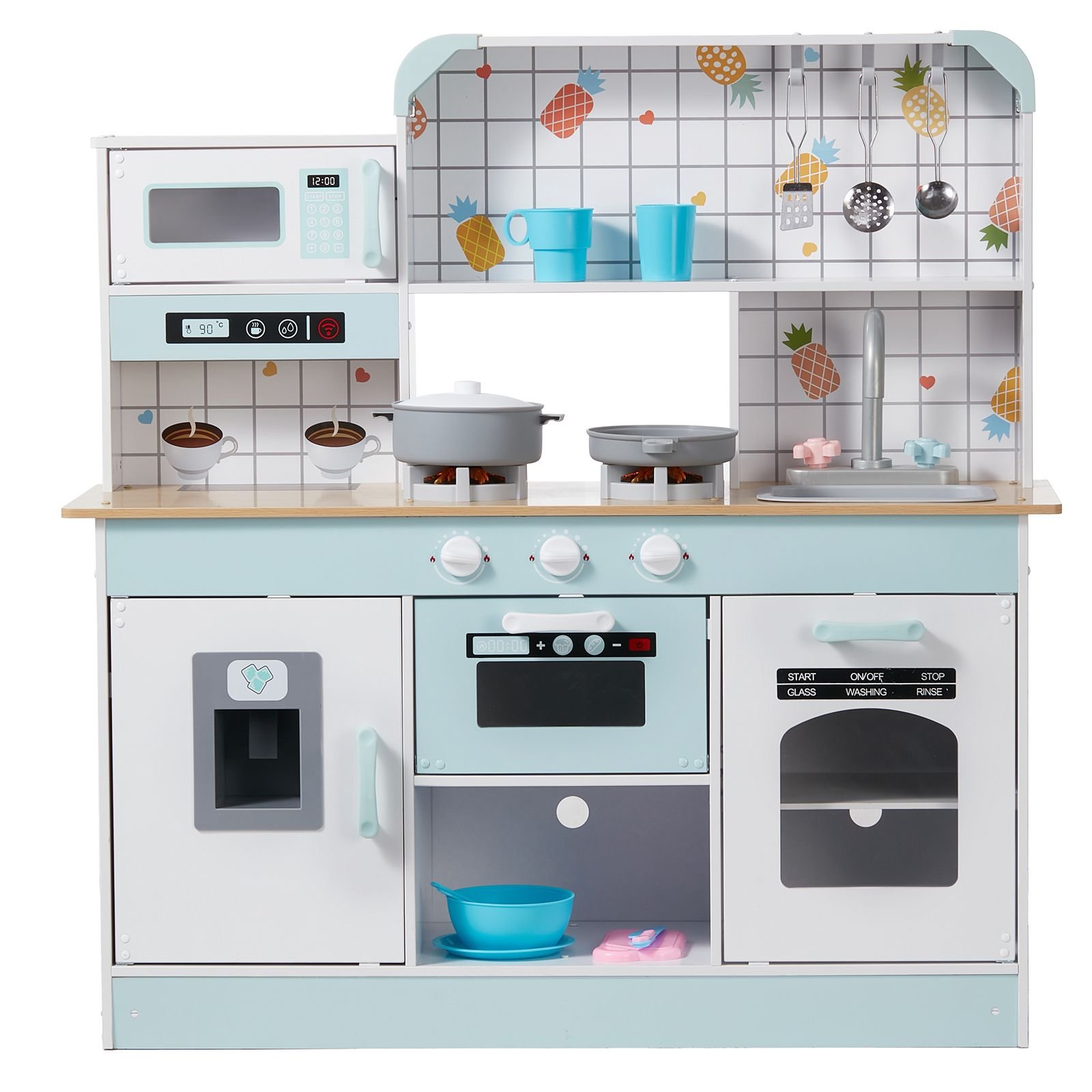 play kitchen for kids, wooden toy kitchen set with lights and sounds, toddler kitchen with ice maker, oven, sink, microwaves, fridge and utensil and fruit accessory for toddlers ages 3 8, white
