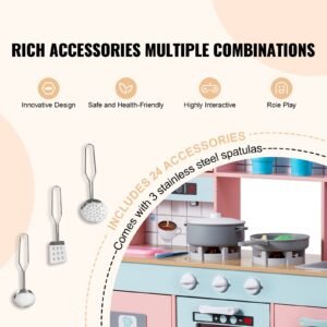play kitchen for kids, wooden toy kitchen set with lights and sounds, toddler kitchen with ice maker, oven, sink, microwaves, fridge and utensil and fruit accessory for toddlers ages 3 8,pink