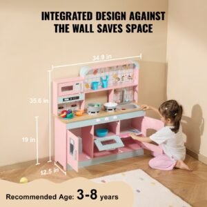 play kitchen for kids, wooden toy kitchen set with lights and sounds, toddler kitchen with ice maker, oven, sink, microwaves, fridge and utensil and fruit accessory for toddlers ages 3 8,pink
