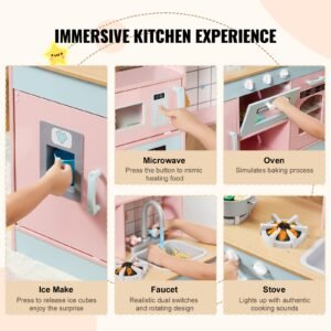 play kitchen for kids, wooden toy kitchen set with lights and sounds, toddler kitchen with ice maker, oven, sink, microwaves, fridge and utensil and fruit accessory for toddlers ages 3 8,pink