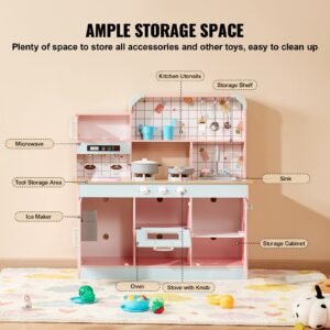 play kitchen for kids, wooden toy kitchen set with lights and sounds, toddler kitchen with ice maker, oven, sink, microwaves, fridge and utensil and fruit accessory for toddlers ages 3 8,pink